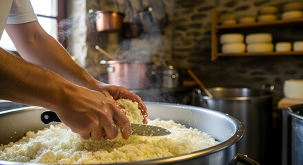 Artisan hands carefully preparing a batch of fresh cheese, surrounded by traditional equipment. This image depicts the authentic process of cheese-making