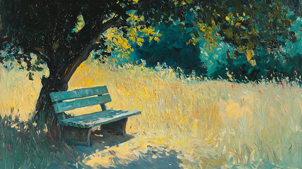 A painting of a bench in a field with a tree in the background