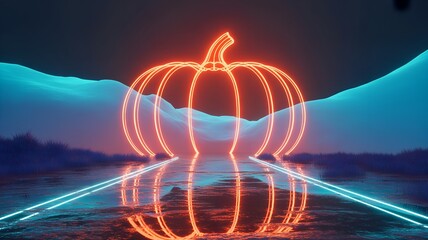 Neon pumpkin outline in a surreal landscape with water reflections.