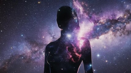 An awe-inspiring animation of a woman's silhouette filled with a cosmic universe. Represents limitless potential, dreams, and the power of the feminine.