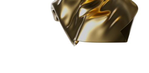A close-up of a luxurious golden fabric draped over a white background. The image highlights the reflective surface, perfect for high-end design