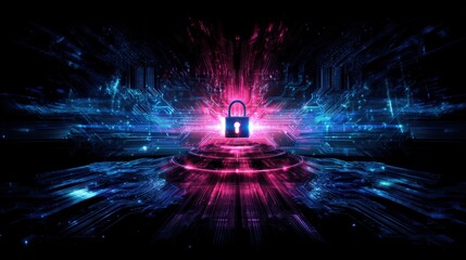A digital lock icon surrounded by vibrant blue and pink circuitry, symbolizing cybersecurity and data protection in a futuristic landscape.