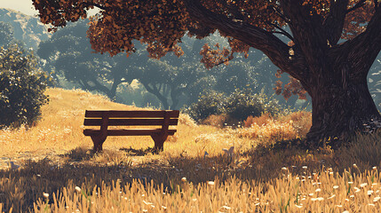 A bench is sitting in a grassy field next to a tree