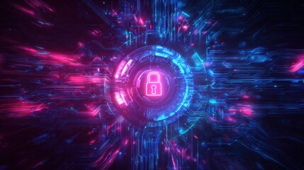 A vibrant digital artwork featuring a central padlock surrounded by a network of glowing circuits in blue and pink hues, symbolizing cybersecurity.