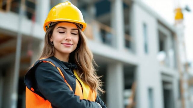 Confident Female Construction Worker on Site with Building in Background.