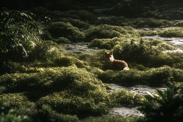 Stunning red fox resting peacefully in mossy forest glade with magical light, a serene moment in nature's embrace, ideal for wildlife and conservation projects