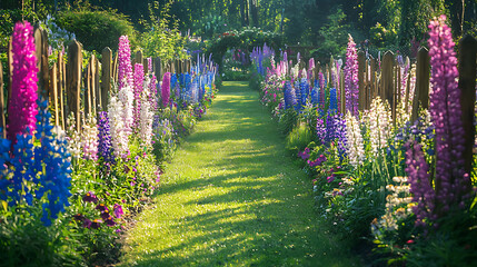 A long path of flowers with a fence on either side