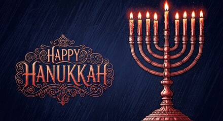 Ornate menorah with burning candles and elegant Happy Hanukkah text shimmer against a textured backdrop