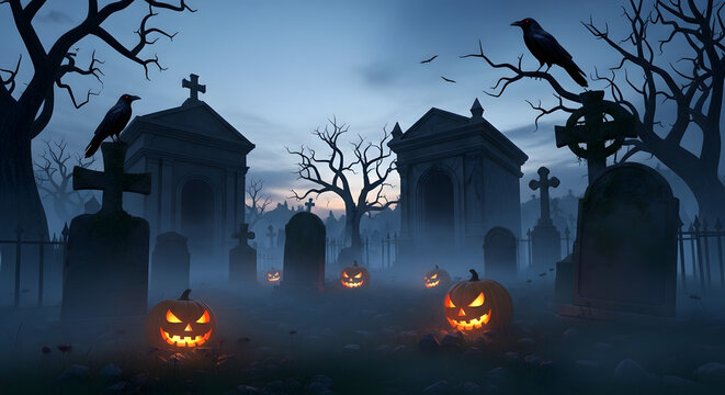 Eerie Halloween Night: Graveyard with Jack-o'-lanterns, Crows, and Misty Tombs