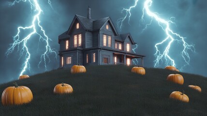 Old House on a Hill with Pumpkins and Lightning Strikes.