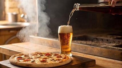 Amber Beer Poured Into Tall Glass Beside Toasted Pizza On Wooden Table In Rustic Kitchen
