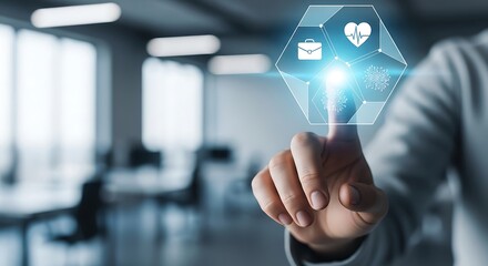 Hand interacting with futuristic holographic medical interface digital healthcare technology future