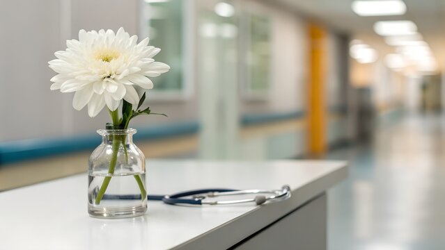 A White Flower in a Vase Beside a Stethoscope on a Table in a Hospital Corridor - Powered by Adobe