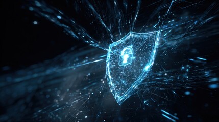 A digital shield with a lock symbol, illustrating cybersecurity and protection against online threats in a futuristic design.