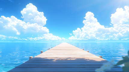 A pier is shown with a beautiful blue ocean in the background