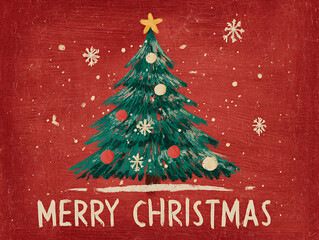 Festive Christmas tree illustration on a red background with snowflakes and a warm, celebratory message.