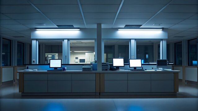 Blue Lit Laboratory Workstations With Computers And Scientific Equipment At Night