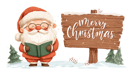 Festive Christmas Illustration: Santa Claus, Wooden Sign, and Snowy Landscape Creating a Holiday Atmosphere