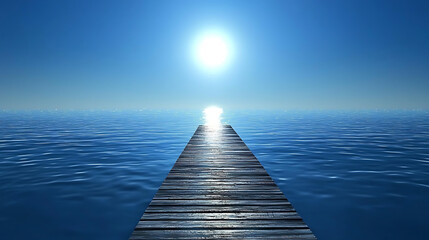 A wooden pier is shown in the water with the sun shining on it