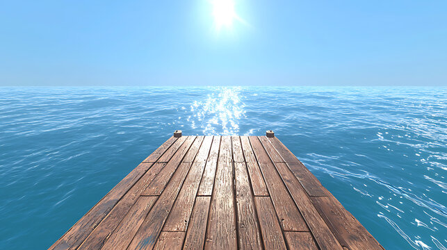 A wooden pier is shown with the ocean in the background - Powered by Adobe