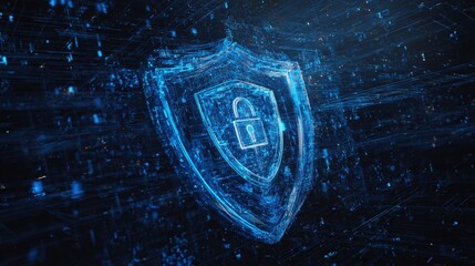 A digital shield symbolizing cybersecurity, composed of blue data streams, representing protection against online threats.
