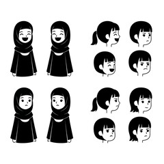 Diverse Set of Cartoon Girls with Various Expressions and Hairstyles.