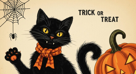 Obraz premium Illustration of black cat wearing orange scarf, pumpkin, spider and web, creates a Halloween atmosphere, ideal for greeting cards or spooky themed designs