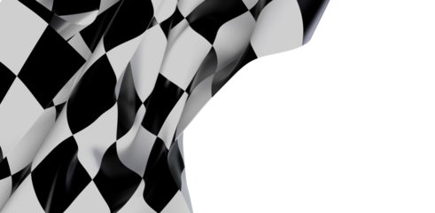 Dynamic image of a checkerboard flag waving against a white backdrop. Captures movement and the sense of achievement. Ideal for racing or compet