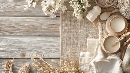 A wooden table with a white rug and a few items on it, including a bowl of cream