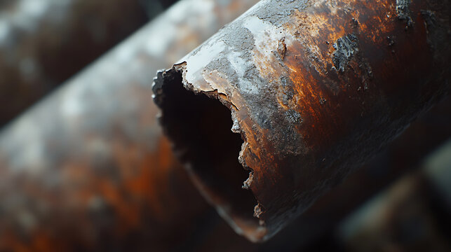 Severely corroded metal pipe showing significant rust and damage. The end is broken off, revealing the interior. Dark, worn appearance. - Powered by Adobe