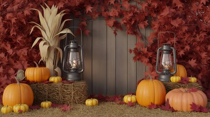 Rustic autumn scene with pumpkins, hay bales, and lanterns.