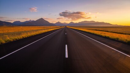 Naklejka premium Endless Asphalt Highway Stretching Towards Majestic Snow-Capped Mountains Under Golden Sunset Sky Dramatic Clouds Warm Sunlight Illuminating Golden Fields Vast Landscape Scenic Vista Journey