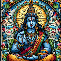 Fototapeta premium Vibrant stained glass depiction of a blue-skinned Hindu deity, possibly Shiva or Vishnu, in a meditative pose with intricate patterns and a radiant halo.