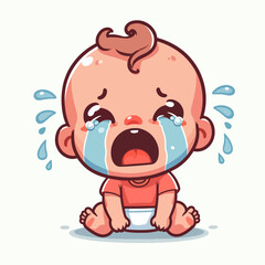 Obraz premium A cute cartoon baby is sitting and crying with tears streaming down its face.