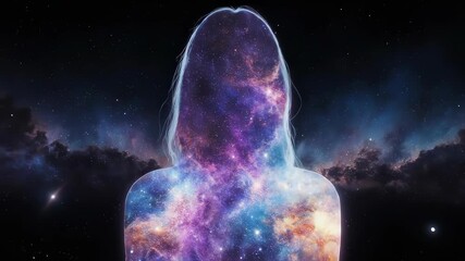 An awe-inspiring animation of a woman's silhouette filled with a cosmic universe. Represents limitless potential, dreams, and the power of the feminine.
