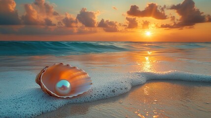 Obraz premium Seashell with pearl on beach at sunset.