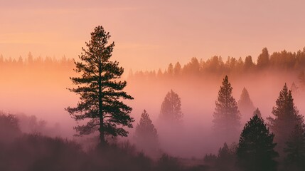 A serene landscape showcasing a silhouette of a tree amidst foggy hills at sunset, creating a tranquil and picturesque scene.