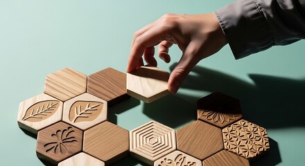 Hand placing wooden hexagonal tile with etched design into honeycomb pattern on table