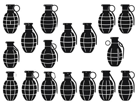 A black and white illustration featuring multiple stylized hand grenades with pull rings, presented in an even pattern