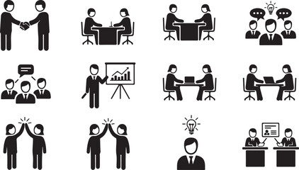 Business collaboration teamwork icons set diverse scenarios meetings presentations brainstorming high fives vector
