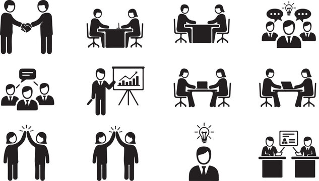Business collaboration teamwork icons set diverse scenarios meetings presentations brainstorming high fives vector