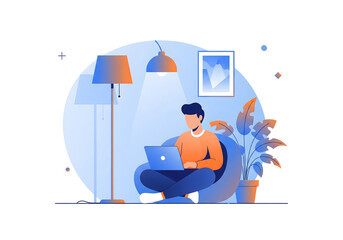 Stylized Indoor Scene with Person Using Laptop in Cozy Chair – Modern Remote Work or Study Illustration in Blue and Orange Tones