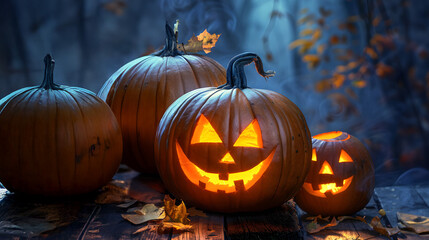 Obraz premium Shining carved Halloween pumpkins lying on the wooden board in a mystical autumn forest at night. Concept of Halloween celebration, Trick or Treat and season.