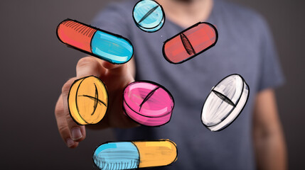 Image of hand interacting with colorful pills. Perfect for healthcare, medicine, pharmacy, and health concepts.