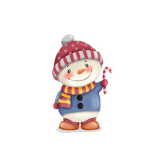 Cute Snowman with Candy Cane and Winter Outfit