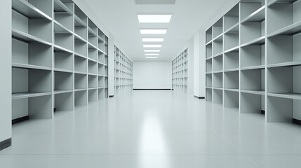 Obraz premium Endless empty shelves line a bright, sterile corridor, reflecting the overhead lights on the polished floor. Storage space awaits organization and purpose.
