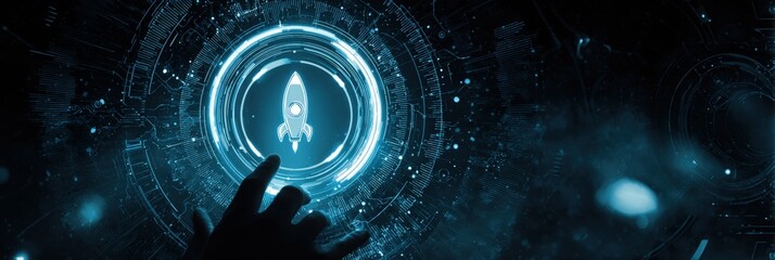 A futuristic hand reaches towards a glowing holographic interface featuring a rocket, symbolizing exploration and technology.