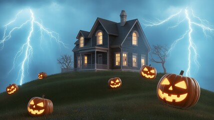 Spooky Halloween house on a hill with lightning and pumpkins.