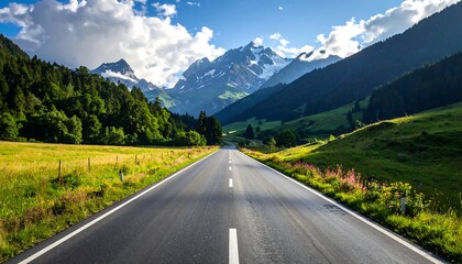 Scenic Mountain Road Through Green Valley.