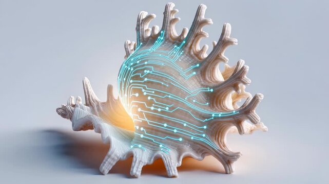 Futuristic glowing seashell with bionic shell technology. digital network showcasing data, light, and connection, representing future innovation and artificial intelligence